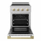 ZLINE Autograph 24 in. 3.2 cu. ft. Marino Induction Range with 3 Element Cooktop and Electric Convection Oven in Satin Stainless Steel with White Matte Door and Champagne Bronze Accents, MINRSZ-WM-24-CB - Front View with Oven Door Open