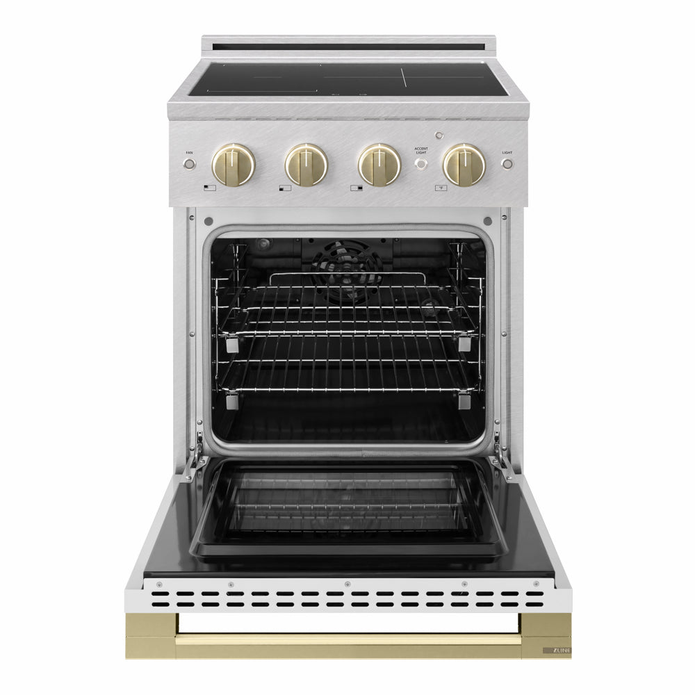 ZLINE Autograph 24 in. 3.2 cu. ft. Marino Induction Range with 3 Element Cooktop and Electric Convection Oven in Satin Stainless Steel with White Matte Door and Champagne Bronze Accents, MINRSZ-WM-24-CB - Front View with Oven Door Open