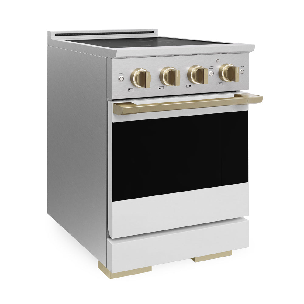 ZLINE Autograph 24 in. 3.2 cu. ft. Marino Induction Range with 3 Element Cooktop and Electric Convection Oven in Satin Stainless Steel with White Matte Door and Champagne Bronze Accents, MINRSZ-WM-24-CB - Side View