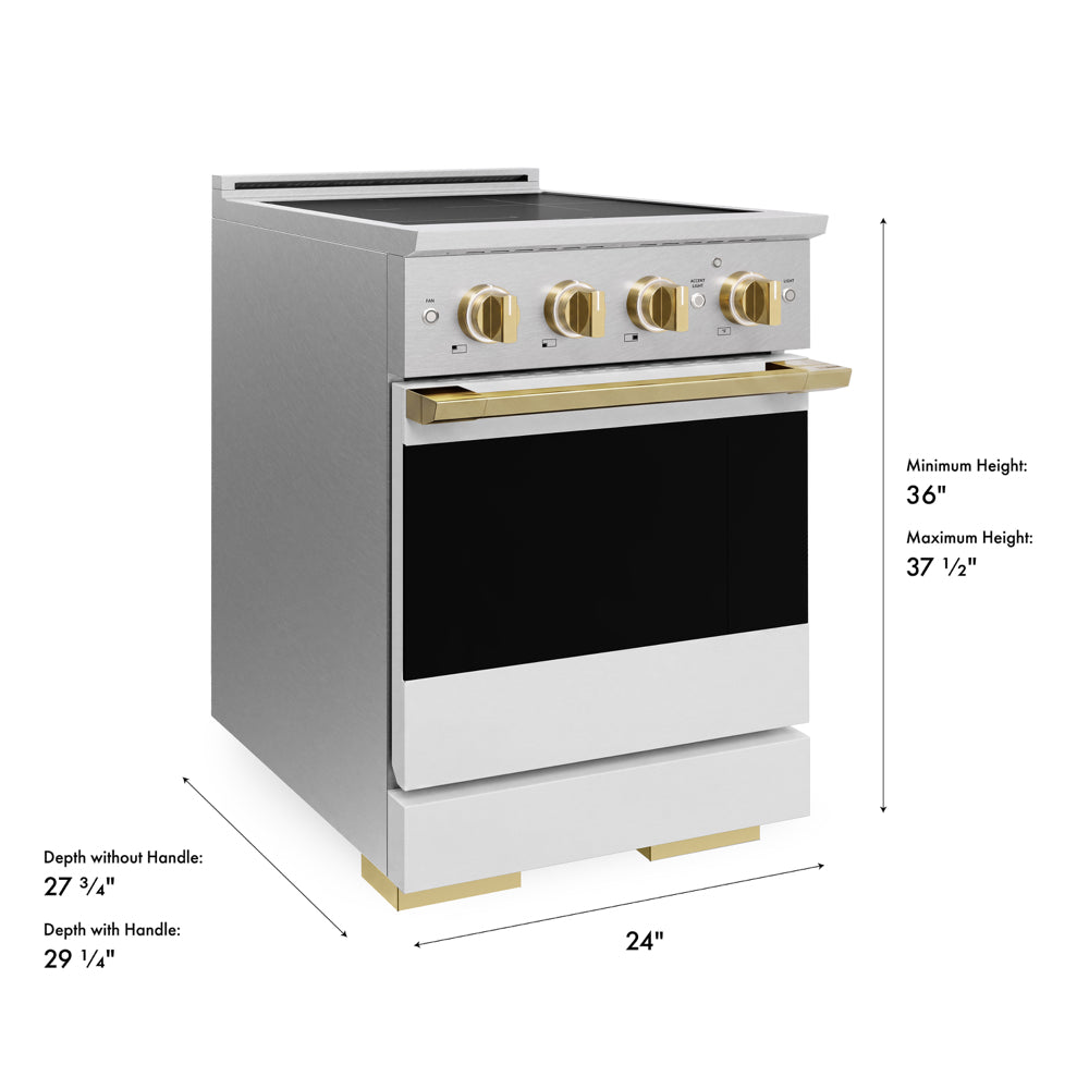 ZLINE Autograph 24 in. 3.2 cu. ft. Marino Induction Range with 3 Element Cooktop and Electric Convection Oven in Satin Stainless Steel with White Matte Door and Polished Gold Accents, MINRSZ-WM-24-G - Dimensions Diagram