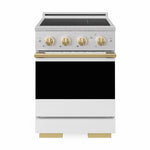 ZLINE Autograph 24 in. 3.2 cu. ft. Marino Induction Range with 3 Element Cooktop and Electric Convection Oven in Satin Stainless Steel with White Matte Door and Polished Gold Accents, MINRSZ-WM-24-G - Front Hero View