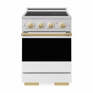 ZLINE Autograph 24 in. 3.2 cu. ft. Marino Induction Range with 3 Element Cooktop and Electric Convection Oven in Satin Stainless Steel with White Matte Door and Polished Gold Accents, MINRSZ-WM-24-G - Front Hero View