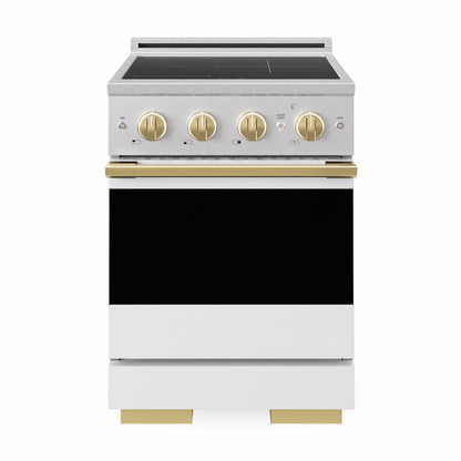 ZLINE Autograph 24 in. 3.2 cu. ft. Marino Induction Range with 3 Element Cooktop and Electric Convection Oven in Satin Stainless Steel with White Matte Door and Polished Gold Accents, MINRSZ-WM-24-G - Front Hero View