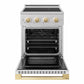 ZLINE Autograph 24 in. 3.2 cu. ft. Marino Induction Range with 3 Element Cooktop and Electric Convection Oven in Satin Stainless Steel with White Matte Door and Polished Gold Accents, MINRSZ-WM-24-G - Front View with Oven Door Open