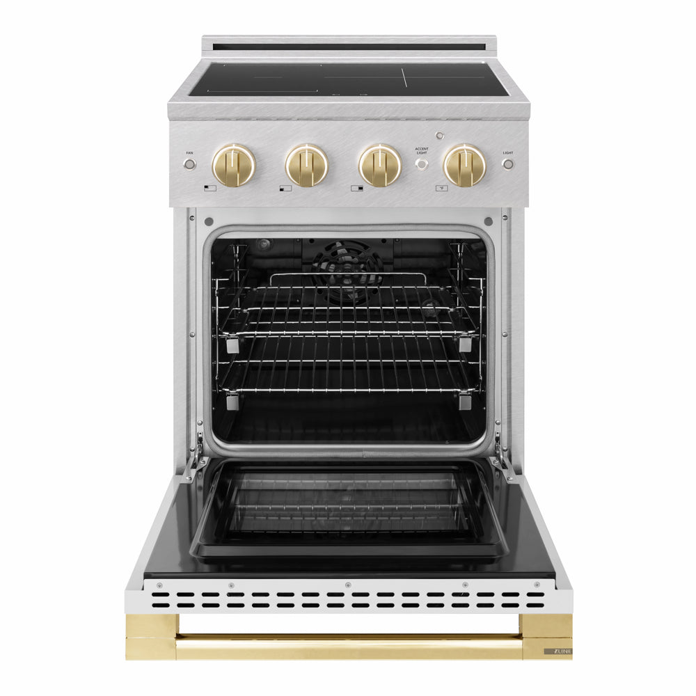 ZLINE Autograph 24 in. 3.2 cu. ft. Marino Induction Range with 3 Element Cooktop and Electric Convection Oven in Satin Stainless Steel with White Matte Door and Polished Gold Accents, MINRSZ-WM-24-G - Front View with Oven Door Open