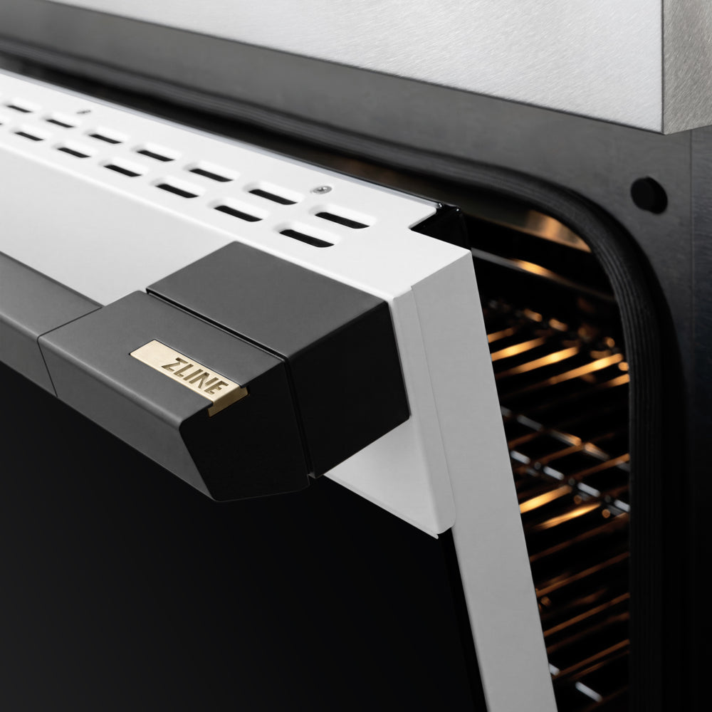 ZLINE Autograph 24 in. 3.2 cu. ft. Marino Induction Range with 3 Element Cooktop and Electric Convection Oven in Satin Stainless Steel with White Matte Door and Matte Black Accents, MINRSZ-WM-24-MB - Handle Detail