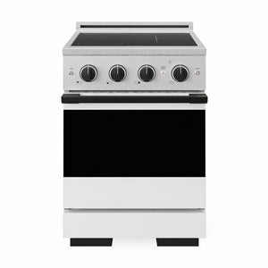 ZLINE Autograph 24 in. 3.2 cu. ft. Marino Induction Range with 3 Element Cooktop and Electric Convection Oven in Satin Stainless Steel with White Matte Door and Matte Black Accents, MINRSZ-WM-24-MB - Front Hero View
