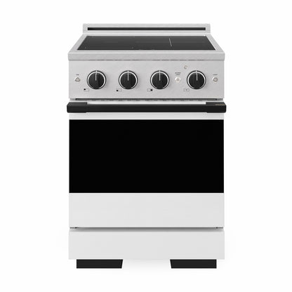 ZLINE Autograph 24 in. 3.2 cu. ft. Marino Induction Range with 3 Element Cooktop and Electric Convection Oven in Satin Stainless Steel with White Matte Door and Matte Black Accents, MINRSZ-WM-24-MB - Front Hero View