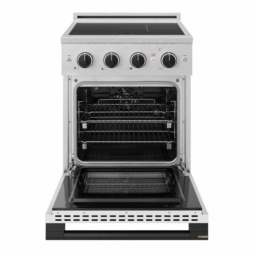 ZLINE Autograph 24 in. 3.2 cu. ft. Marino Induction Range with 3 Element Cooktop and Electric Convection Oven in Satin Stainless Steel with White Matte Door and Matte Black Accents, MINRSZ-WM-24-MB - Front View with Oven Door Open