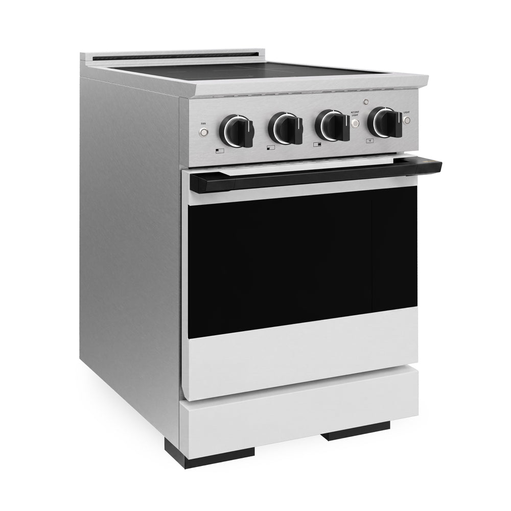 ZLINE Autograph 24 in. 3.2 cu. ft. Marino Induction Range with 3 Element Cooktop and Electric Convection Oven in Satin Stainless Steel with White Matte Door and Matte Black Accents, MINRSZ-WM-24-MB - Side View