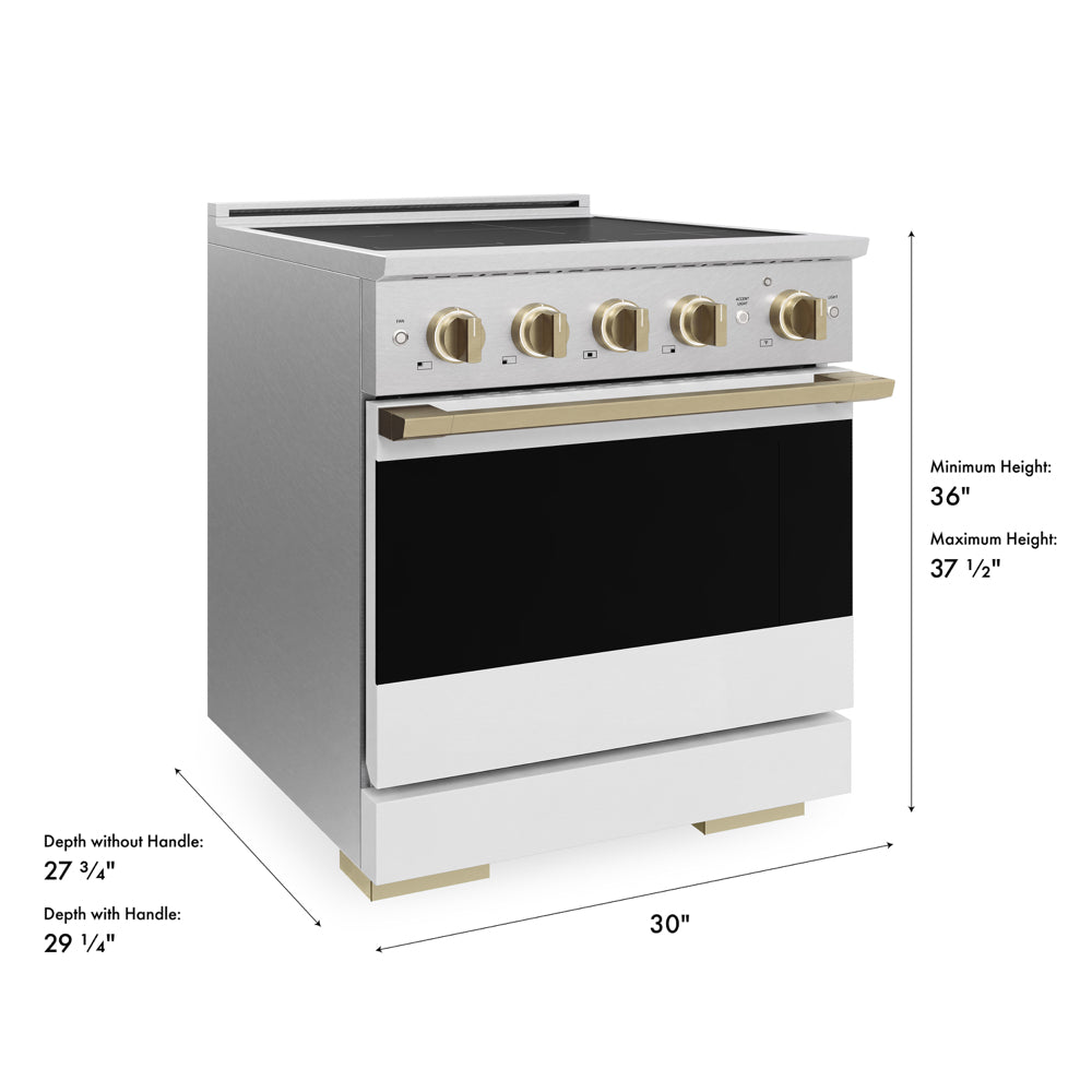 ZLINE Autograph 30 in. 4.2 cu. ft. Marino Induction Range with 4 Element Cooktop and Electric Convection Oven in Satin Stainless Steel with White Matte Door and Champagne Bronze Accents, MINRSZ-WM-30-CB - Dimensions Diagram