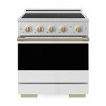 ZLINE Autograph 30 in. 4.2 cu. ft. Marino Induction Range with 4 Element Cooktop and Electric Convection Oven in Satin Stainless Steel with White Matte Door and Champagne Bronze Accents, MINRSZ-WM-30-CB - Front Hero View