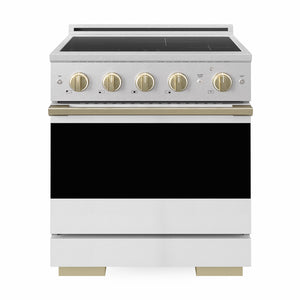 ZLINE Autograph 30 in. 4.2 cu. ft. Marino Induction Range with 4 Element Cooktop and Electric Convection Oven in Satin Stainless Steel with White Matte Door and Champagne Bronze Accents, MINRSZ-WM-30-CB - Front Hero View