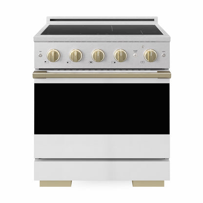 ZLINE Autograph 30 in. 4.2 cu. ft. Marino Induction Range with 4 Element Cooktop and Electric Convection Oven in Satin Stainless Steel with White Matte Door and Champagne Bronze Accents, MINRSZ-WM-30-CB - Front Hero View
