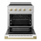 ZLINE Autograph 30 in. 4.2 cu. ft. Marino Induction Range with 4 Element Cooktop and Electric Convection Oven in Satin Stainless Steel with White Matte Door and Champagne Bronze Accents, MINRSZ-WM-30-CB - Front View with Oven Door Open