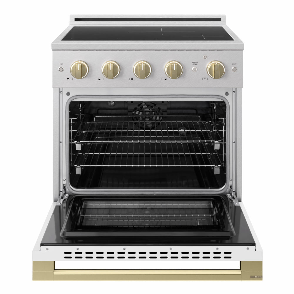 ZLINE Autograph 30 in. 4.2 cu. ft. Marino Induction Range with 4 Element Cooktop and Electric Convection Oven in Satin Stainless Steel with White Matte Door and Champagne Bronze Accents, MINRSZ-WM-30-CB - Front View with Oven Door Open