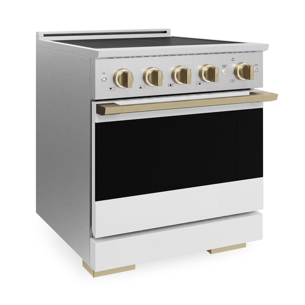 ZLINE Autograph 30 in. 4.2 cu. ft. Marino Induction Range with 4 Element Cooktop and Electric Convection Oven in Satin Stainless Steel with White Matte Door and Champagne Bronze Accents, MINRSZ-WM-30-CB - Side View