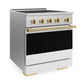 ZLINE Autograph Edition 30 in. 4.2 cu. ft. Marino Induction Range with 4 Element Cooktop and Electric Convection Oven in Satin Stainless Steel with White Matte Door and Polished Gold Accents, MINRSZ-WM-30-G