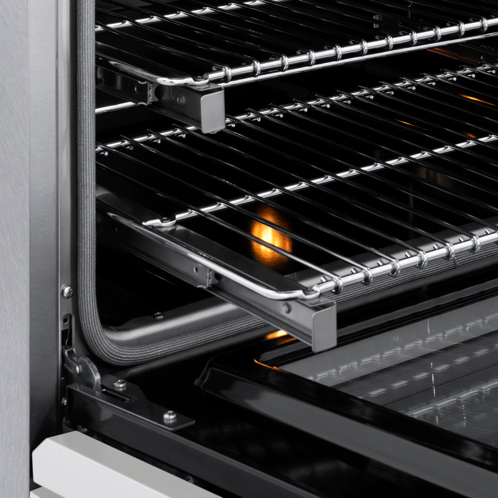 ZLINE Autograph 36 in. 5.2 cu. ft. Marino Induction Range with 5 Element Cooktop and Electric Convection Oven in Satin Stainless Steel with White Matte Door and Champagne Bronze Accents, MINRSZ-WM-36-CB - Racks Detail