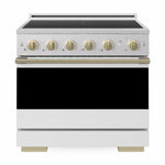 ZLINE Autograph 36 in. 5.2 cu. ft. Marino Induction Range with 5 Element Cooktop and Electric Convection Oven in Satin Stainless Steel with White Matte Door and Champagne Bronze Accents, MINRSZ-WM-36-CB - Front Hero View