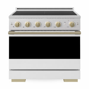 ZLINE Autograph 36 in. 5.2 cu. ft. Marino Induction Range with 5 Element Cooktop and Electric Convection Oven in Satin Stainless Steel with White Matte Door and Champagne Bronze Accents, MINRSZ-WM-36-CB - Front Hero View