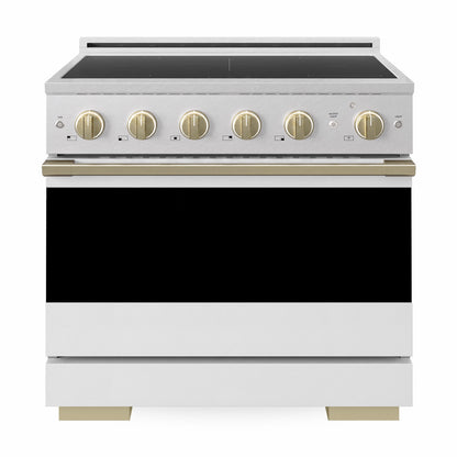 ZLINE Autograph 36 in. 5.2 cu. ft. Marino Induction Range with 5 Element Cooktop and Electric Convection Oven in Satin Stainless Steel with White Matte Door and Champagne Bronze Accents, MINRSZ-WM-36-CB - Front Hero View