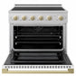 ZLINE Autograph 36 in. 5.2 cu. ft. Marino Induction Range with 5 Element Cooktop and Electric Convection Oven in Satin Stainless Steel with White Matte Door and Champagne Bronze Accents, MINRSZ-WM-36-CB - Front View with Oven Door Open