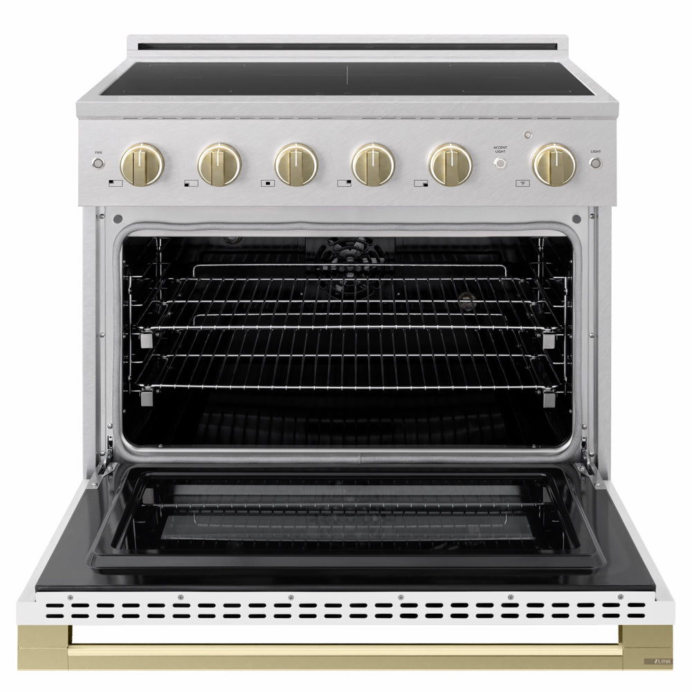 ZLINE Autograph 36 in. 5.2 cu. ft. Marino Induction Range with 5 Element Cooktop and Electric Convection Oven in Satin Stainless Steel with White Matte Door and Champagne Bronze Accents, MINRSZ-WM-36-CB - Front View with Oven Door Open