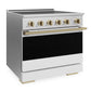 ZLINE Autograph 36 in. 5.2 cu. ft. Marino Induction Range with 5 Element Cooktop and Electric Convection Oven in Satin Stainless Steel with White Matte Door and Champagne Bronze Accents, MINRSZ-WM-36-CB - Side View