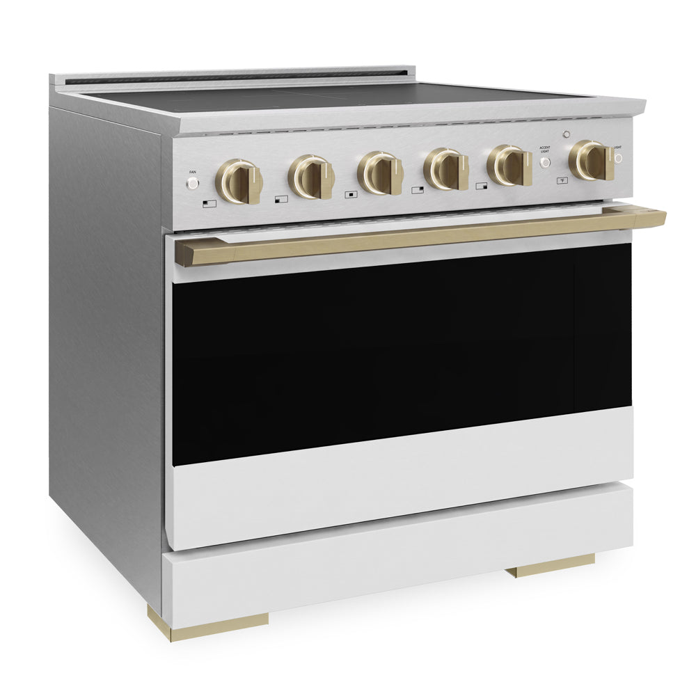 ZLINE Autograph 36 in. 5.2 cu. ft. Marino Induction Range with 5 Element Cooktop and Electric Convection Oven in Satin Stainless Steel with White Matte Door and Champagne Bronze Accents, MINRSZ-WM-36-CB - Side View