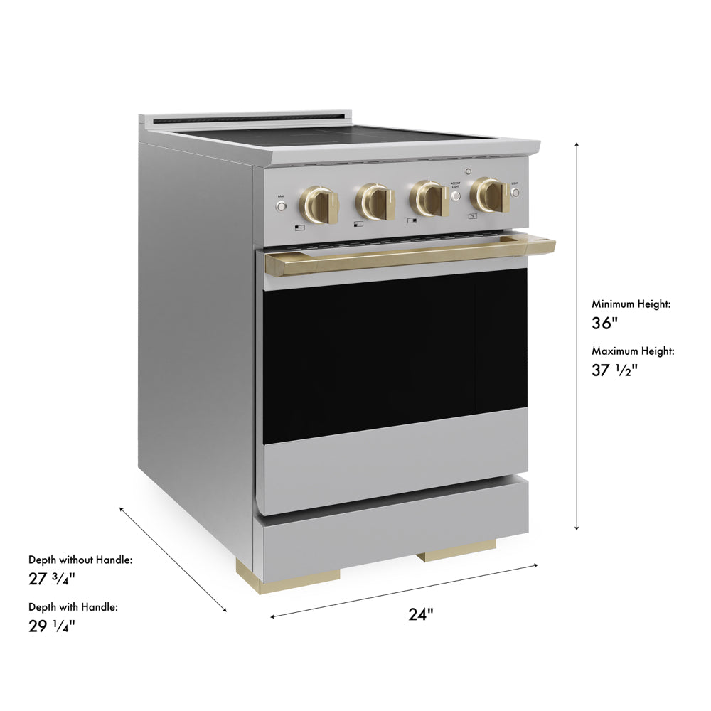 ZLINE Autograph 24 in. 3.2 cu. ft. Marino Induction Range with 3 Element Cooktop and Electric Convection Oven in Stainless Steel with Champagne Bronze Accents, MINRZ-24-CB - Dimensions Diagram