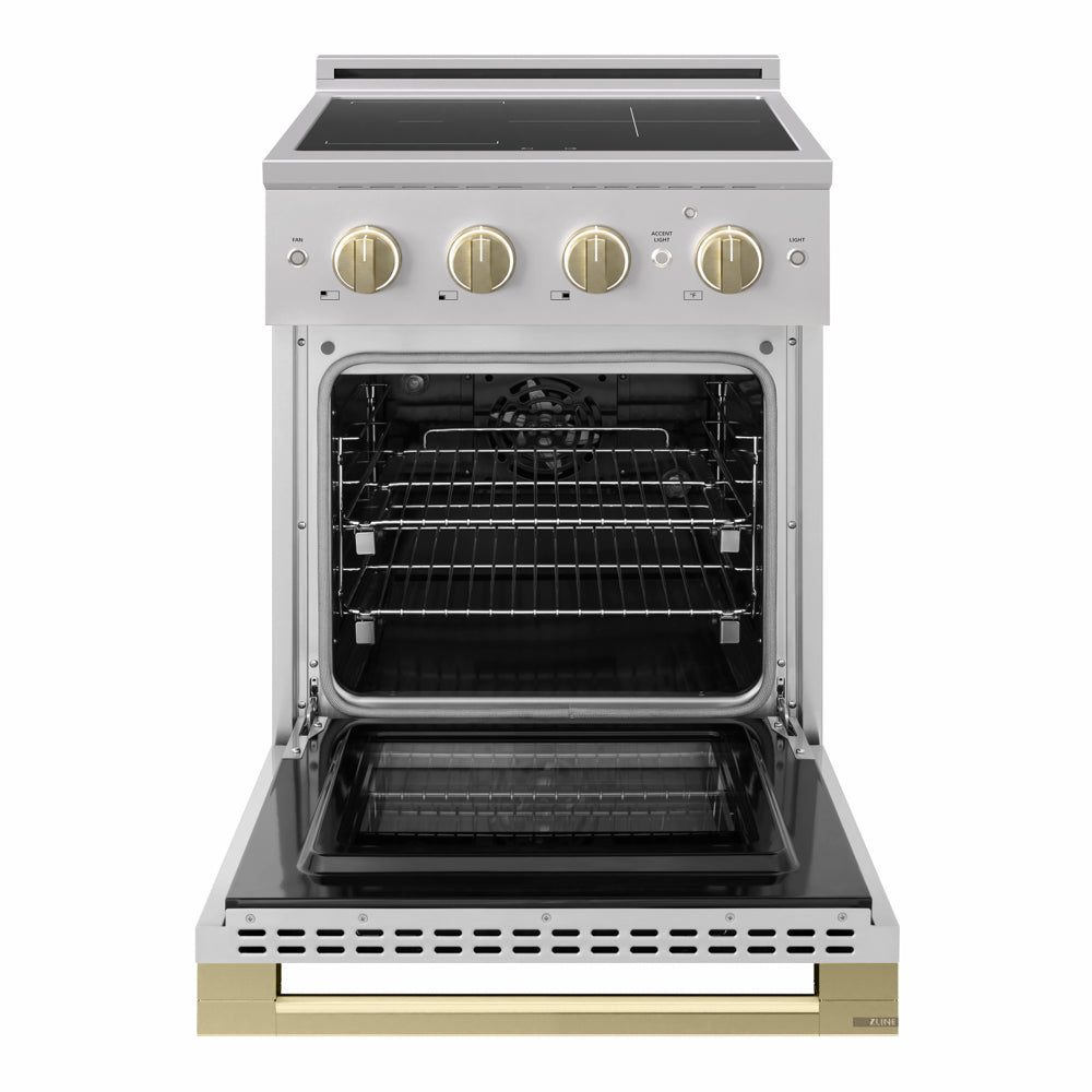 ZLINE Autograph 24 in. 3.2 cu. ft. Marino Induction Range with 3 Element Cooktop and Electric Convection Oven in Stainless Steel with Champagne Bronze Accents, MINRZ-24-CB - Front View with Oven Door Open