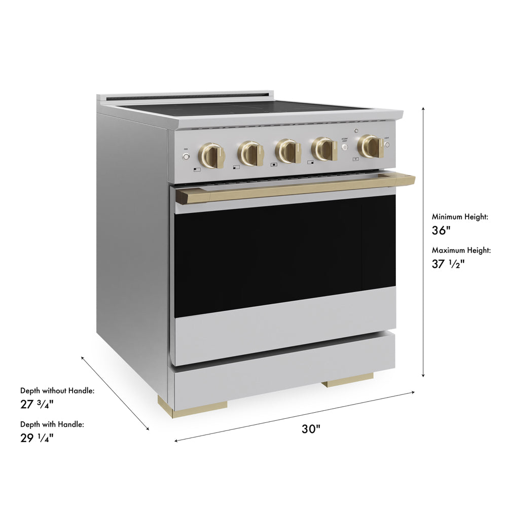 ZLINE Autograph 30 in. 4.2 cu. ft. Marino Induction Range with 4 Element Cooktop and Electric Convection Oven in Stainless Steel with Champagne Bronze Accents, MINRZ-30-CB - Dimensions Diagram