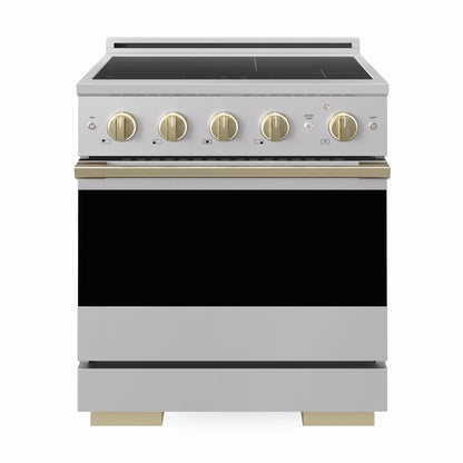 ZLINE Autograph 30 in. 4.2 cu. ft. Marino Induction Range with 4 Element Cooktop and Electric Convection Oven in Stainless Steel with Champagne Bronze Accents, MINRZ-30-CB - Front Hero View