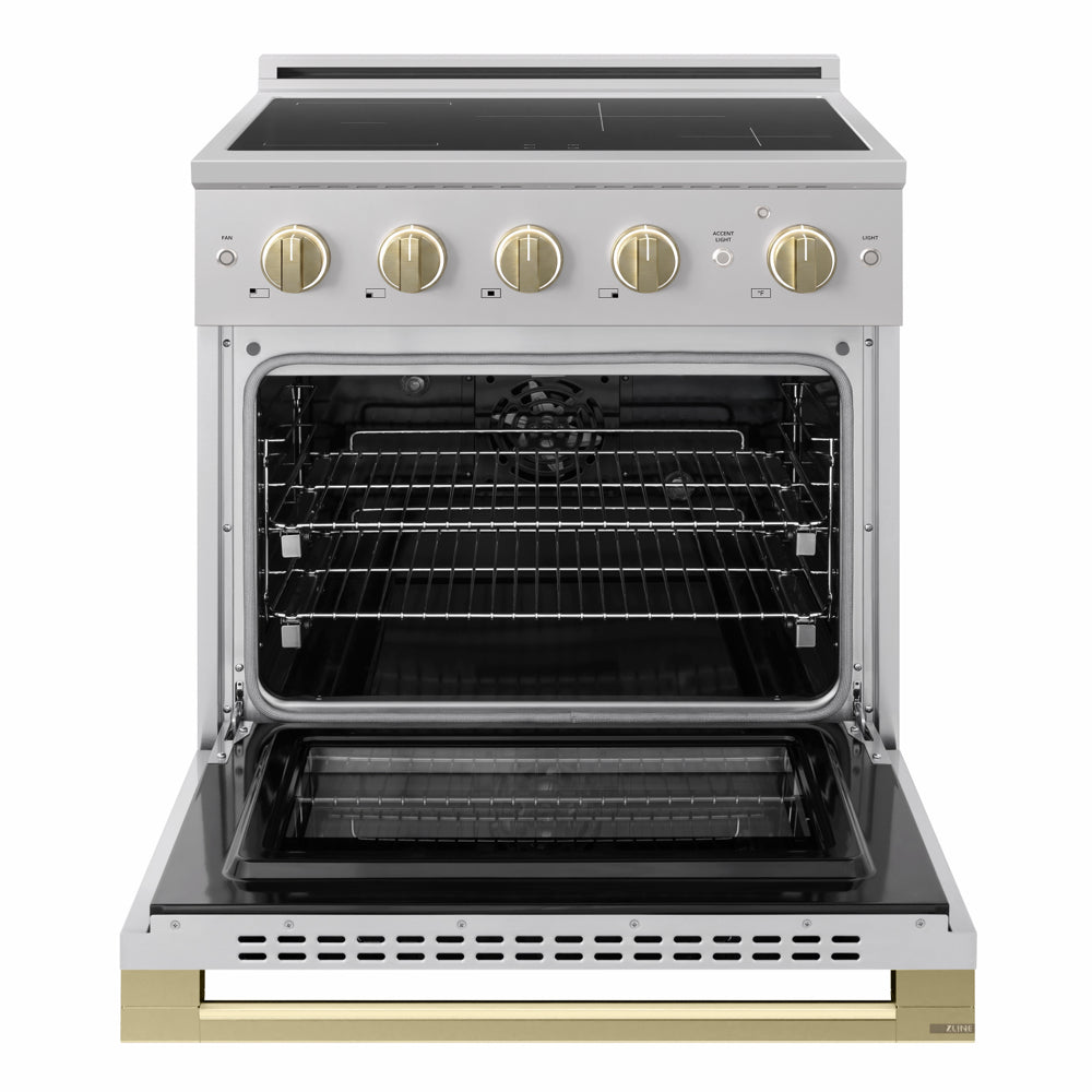 ZLINE Autograph 30 in. 4.2 cu. ft. Marino Induction Range with 4 Element Cooktop and Electric Convection Oven in Stainless Steel with Champagne Bronze Accents, MINRZ-30-CB - Front View with Oven Door Open