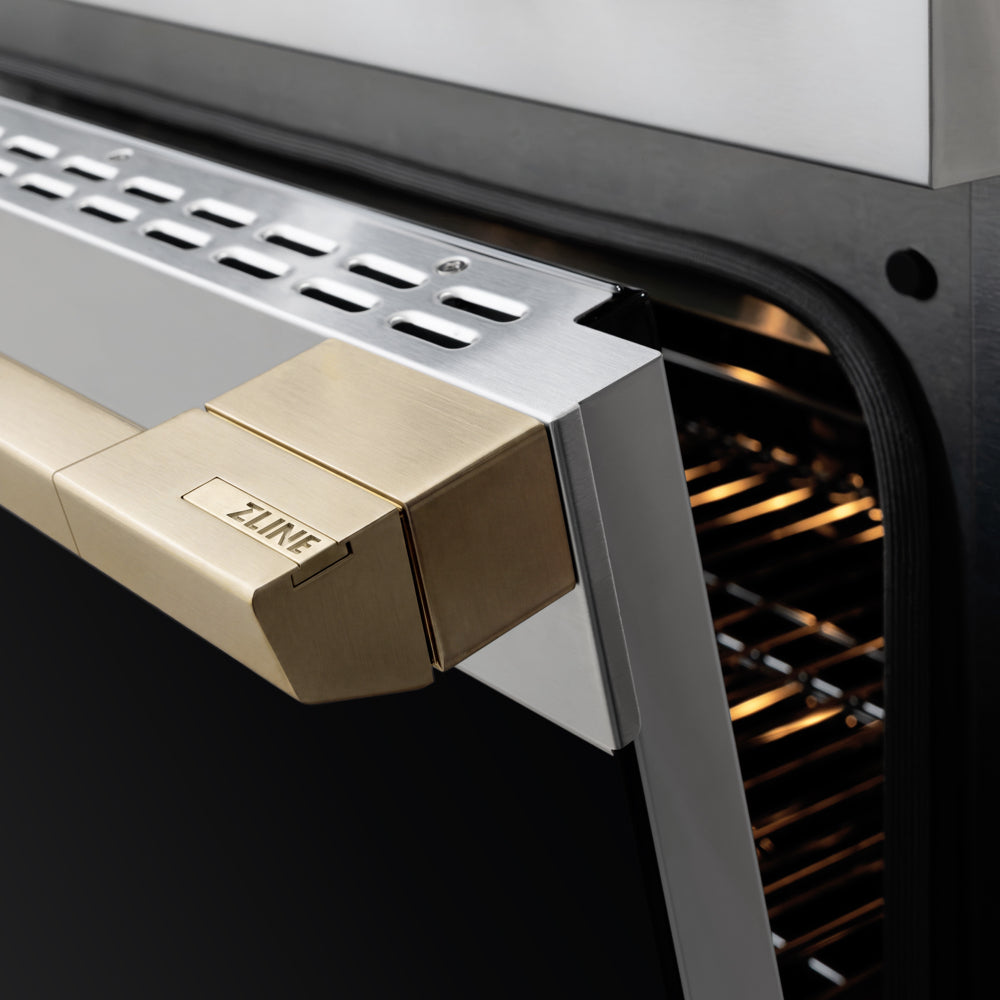ZLINE Autograph 36 in. 5.2 cu. ft. Marino Induction Range with 5 Element Cooktop and Electric Convection Oven in Stainless Steel with Champagne Bronze Accents, MINRZ-36-CB - Handle Detail