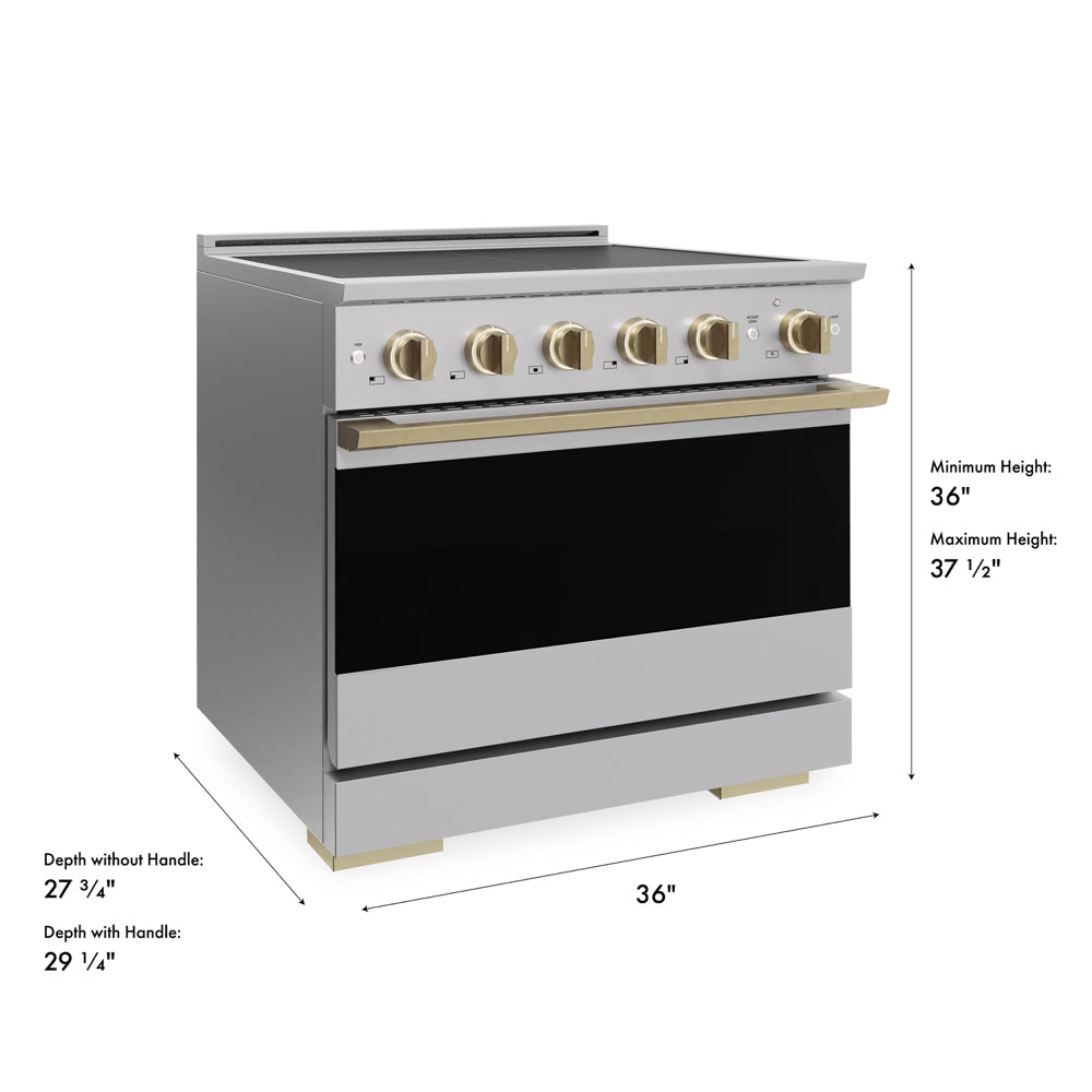 ZLINE Autograph 36 in. 5.2 cu. ft. Marino Induction Range with 5 Element Cooktop and Electric Convection Oven in Stainless Steel with Champagne Bronze Accents, MINRZ-36-CB - Dimensions Diagram