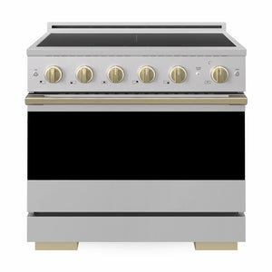 ZLINE Autograph 36 in. 5.2 cu. ft. Marino Induction Range with 5 Element Cooktop and Electric Convection Oven in Stainless Steel with Champagne Bronze Accents, MINRZ-36-CB - Front Hero View