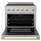 ZLINE Autograph 36 in. 5.2 cu. ft. Marino Induction Range with 5 Element Cooktop and Electric Convection Oven in Stainless Steel with Champagne Bronze Accents, MINRZ-36-CB - Front View with Oven Door Open
