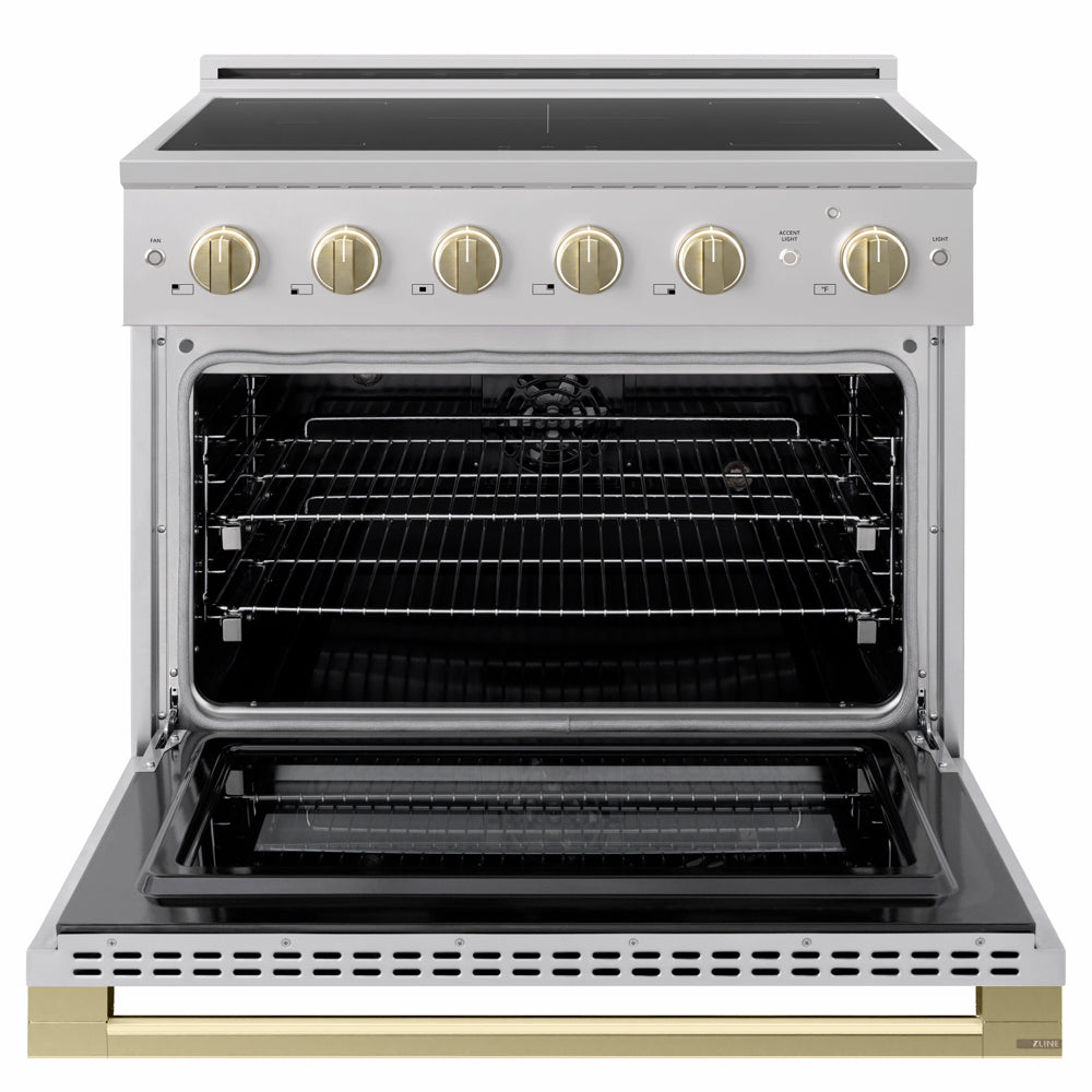 ZLINE Autograph 36 in. 5.2 cu. ft. Marino Induction Range with 5 Element Cooktop and Electric Convection Oven in Stainless Steel with Champagne Bronze Accents, MINRZ-36-CB - Front View with Oven Door Open