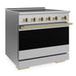 ZLINE Autograph 36 in. 5.2 cu. ft. Marino Induction Range with 5 Element Cooktop and Electric Convection Oven in Stainless Steel with Champagne Bronze Accents, MINRZ-36-CB - Side View