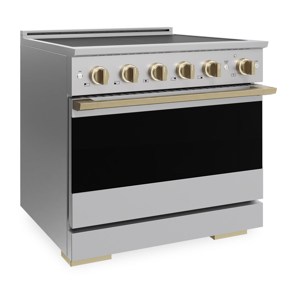 ZLINE Autograph 36 in. 5.2 cu. ft. Marino Induction Range with 5 Element Cooktop and Electric Convection Oven in Stainless Steel with Champagne Bronze Accents, MINRZ-36-CB - Side View