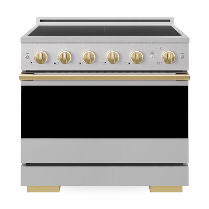 ZLINE Autograph Edition 36 in. 5.2 cu. ft. Marino Induction Range with 5 Element Cooktop and Electric Convection Oven in Stainless Steel with Polished Gold Accents, MINRZ-36-G