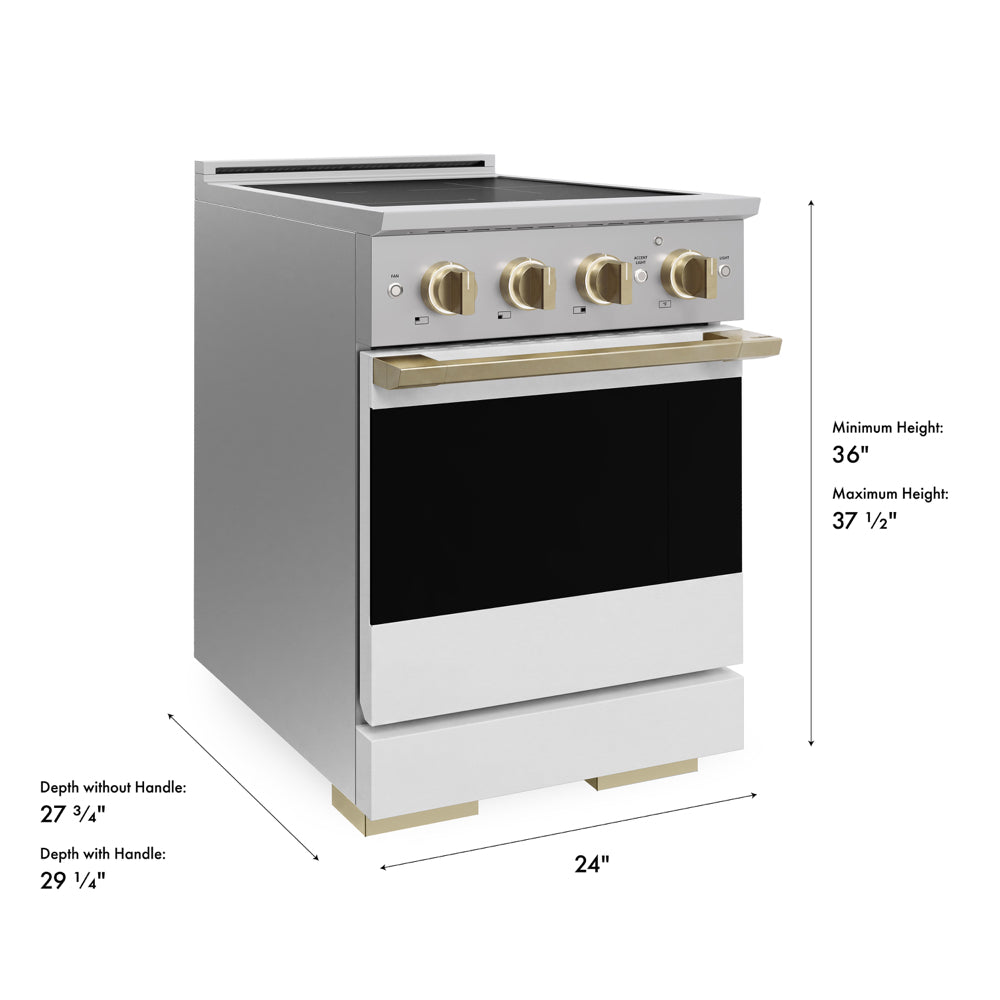 ZLINE Autograph 24 in. 3.2 cu. ft. Marino Induction Range with 3 Element Cooktop and Electric Convection Oven in Stainless Steel with White Matte Door and Champagne Bronze Accents, MINRZ-WM-24-CB - Dimensions Diagram