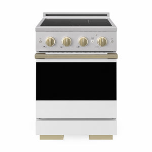 ZLINE Autograph 24 in. 3.2 cu. ft. Marino Induction Range with 3 Element Cooktop and Electric Convection Oven in Stainless Steel with White Matte Door and Champagne Bronze Accents, MINRZ-WM-24-CB - Front Hero View