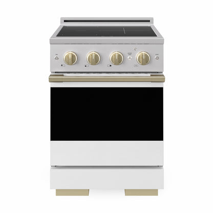 ZLINE Autograph 24 in. 3.2 cu. ft. Marino Induction Range with 3 Element Cooktop and Electric Convection Oven in Stainless Steel with White Matte Door and Champagne Bronze Accents, MINRZ-WM-24-CB - Front Hero View