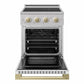 ZLINE Autograph 24 in. 3.2 cu. ft. Marino Induction Range with 3 Element Cooktop and Electric Convection Oven in Stainless Steel with White Matte Door and Champagne Bronze Accents, MINRZ-WM-24-CB - Front View with Oven Door Open