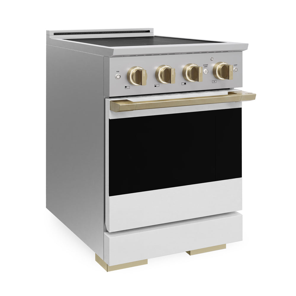 ZLINE Autograph 24 in. 3.2 cu. ft. Marino Induction Range with 3 Element Cooktop and Electric Convection Oven in Stainless Steel with White Matte Door and Champagne Bronze Accents, MINRZ-WM-24-CB - Side View