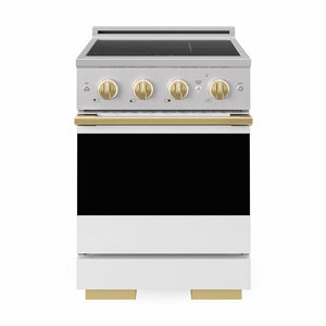 ZLINE Autograph 24 in. 3.2 cu. ft. Marino Induction Range with 3 Element Cooktop and Electric Convection Oven in Stainless Steel with White Matte Door and Polished Gold Accents, MINRZ-WM-24-G - Front Hero View