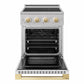 ZLINE Autograph 24 in. 3.2 cu. ft. Marino Induction Range with 3 Element Cooktop and Electric Convection Oven in Stainless Steel with White Matte Door and Polished Gold Accents, MINRZ-WM-24-G - Front View with Oven Door Open